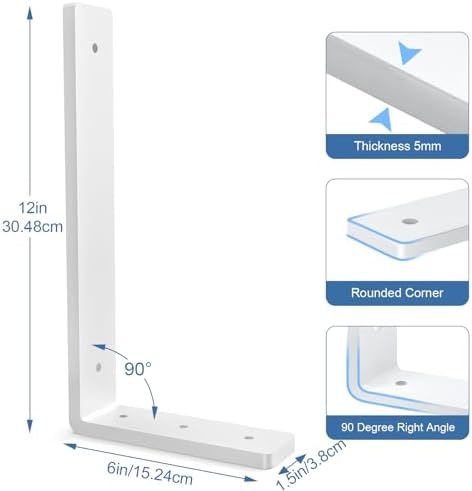 Heavy Duty Shelf Brackets, 6 Pack 12 Inch White L Metal Shelving Brackets, 5mm Thick Rustic Shelf Support Bracket for DI