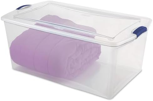 105 Qt. Plastic Storage Bin with Durable Lid, Stackable and Nestable Clear Tote Container Featuring Blue Buckles, Ideal 
