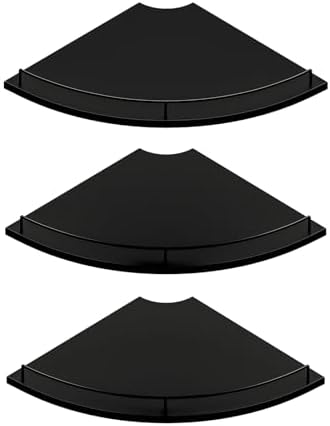 JJL Corner Shelf with Rails, 3-Tier Fan-Shaped Floating Corner Shelf Wall Mounted, 12 Inch Black Rustic Wood Heavy Duty 