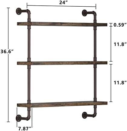 Industrial Pipe Shelf Wall Mounted, Rustic Wood Floating Shelves, 3 Tier Wall Display Bookshelf, Storage Rack Sundries H