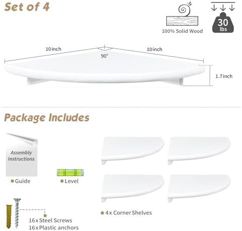 Forbena White Corner Floating Shelves for Wall Set of 4, Rounded Corner Shelves Wall Mounted for Kids Bedroom Books, Cut