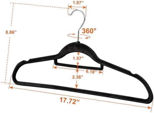 SUPER DEAL Velvet Hangers 100 Pack, Non-Slip Clothes Hangers with Tie Bar and Shoulder Notched Premium 360 Degree Swivel Hook for Coat Suit Pants Dress Closet Space Saving, Black
