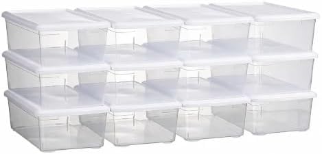 novelinks 12 Pack 6QT Plastic Storage Bins with Lids, Shoe Boxes (White)