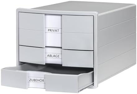 HAN IMPULS 2.0 Drawer Box with 3 Closed Drawers for DIN A4/C4 Including Labelling Labels, Document Box, Base with Pull-Out Lock, Furniture Friendly Rubber Feet, 1017-11, Light Grey