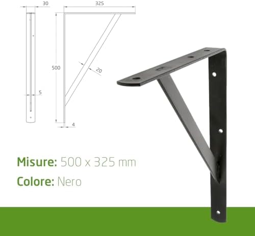 Amig, Pack of 4 Shelf Brackets Color Black, Bracket for Shelves 500 x 325 mm, Heavy-Duty Steel: up to 185 kg