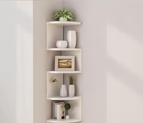 5-Tier Corner Shelf Wall Mount, Screw-Mounted Floating Bookshelf with Enhanced Support, Space-Saving Zigzag Shelf for Be