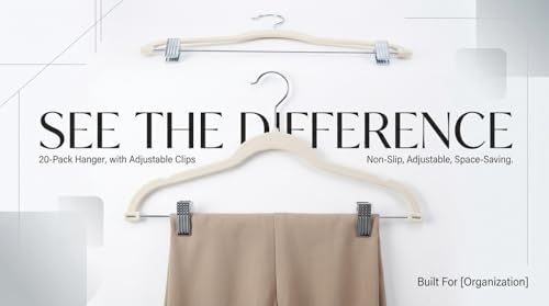 Velvet Pants Skirt Hangers with Clips - Pack of 20 Beige Shirt Clothes Felt Non Slip Heavy Duty Slim Hanger Set for Skirts Pant Suit Shorts Women Dress,Space Saving with Two Metal Clip