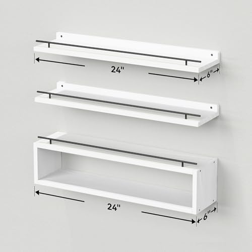WOPITUES Floating Shelves for Wall 24 inch with Cube Shelf, Wall Shelves with Metal Rail for Bathroom Decor, Bathroom Or