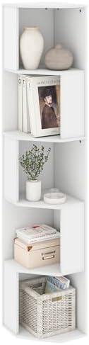 Wooden 5 Tier Narrow Shelf Bookcase with Open Shelves, 5 Tier Tall Thin Corner Bookshelf, Wooden Standing Corner Shelf f