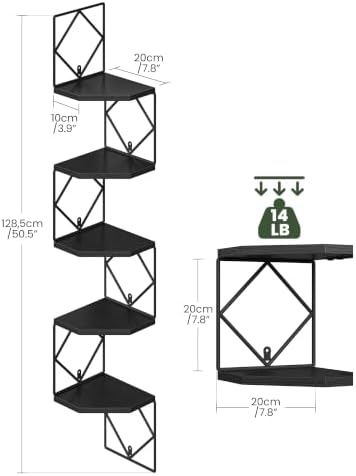 CHOEZON 5-Tier Corner Shelf, Floating Shelf, Wall-Mounted Storage Shelf, Wall Decor, Narrow Corner Bookshelf, for Living