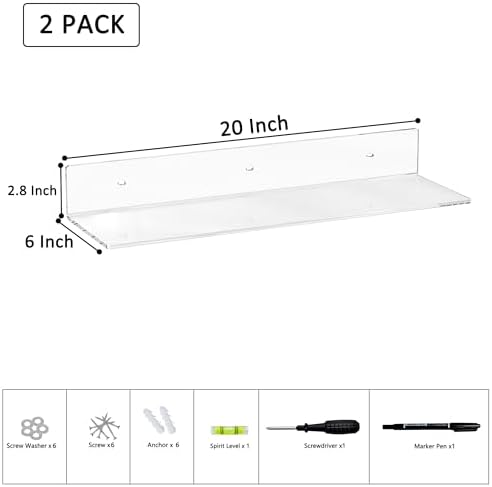 Sezanrpt 20 Inch Clear Wall Shelves for Wall, Wall Mounted Acrylic Floating Shelf for Plants, Speaker, Radio, Funko Pop, Stuffed Animal, Books, Cosmetics, Toiletries, 2 Pack (20 Inch)