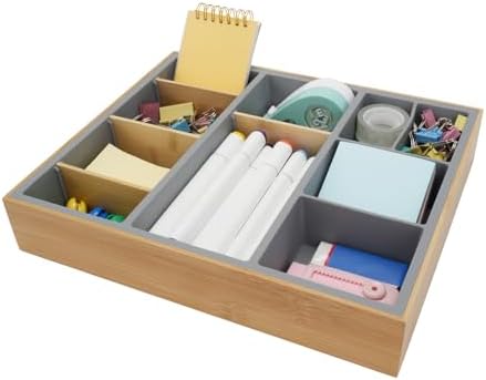 Office Drawer Organizer, Bamboo Desk Drawer Organizer with 4 Removable Dividers, Desk Organizers and Accessories with 10 Adjustable Compartments for Office Home Gray