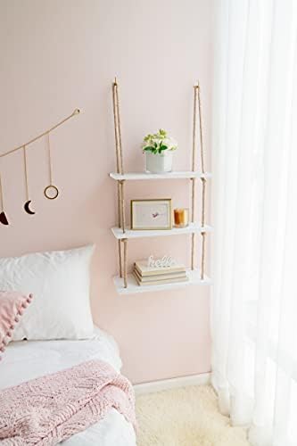 Mkono Hanging Shelves 3 Tier White Wood Wall Mount Floating Shelf with Rope Boho Decor for Living Room Bathroom Bedroom 