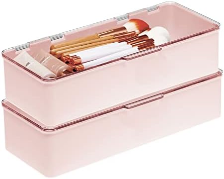 mDesign Long Plastic Cosmetic Storage Organizer Box Containers with Hinged Lid for Bedroom, Bathroom Vanity Shelf or Cab