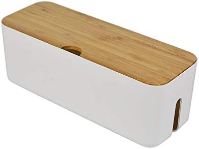 Cable Management Box with Bamboo Lid, Small Power Strip Organizer, White