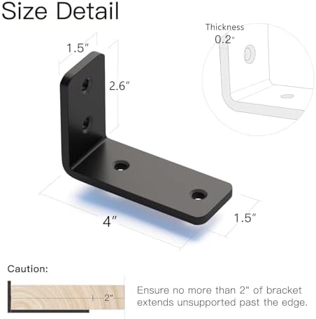 4 Pack 4 Inch Floating L Shelf Brackets for DIY,1/5 Inch Thick Heavy Duty Metal Shelf Bracket for Wall,Premium Black Pow