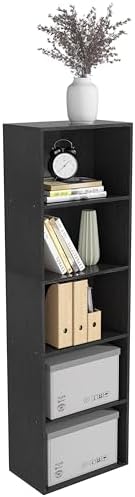 Wooden 5 Cube Storage Organizer, Black 5 Tier Bookcase Bookshelf Freestanding Storage Display Organizer, Versatile Cubes