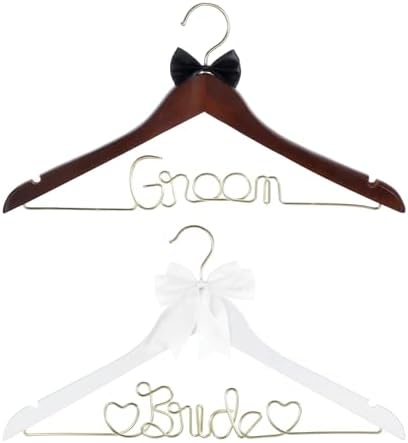 2 Pcs Bride Hanger Bride and Groom Wooden Wedding Dress Hanger Set with Bow Tie for Tuxedo Suit Wedding Gift Bridal Party Shower