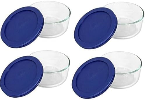 Pyrex 7200 2-Cup Glass Bowl & 7200-PC Dark Blue Lid (4-Pack) - Made in USA