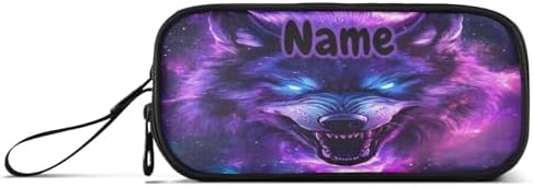 Custom Blue Eyes Wolf Purple Galaxy Pencil Case Box Boys Girls Personalized Name Large Pencil Pouch Stationery Pen Bag Organizer for Kids Adults School Office