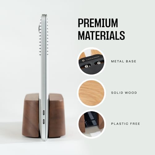 COREMINDED Adjustable Vertical Laptop Stand for Desk, Wooden Laptop Holder, MacBook Pro Stand, Wood Mac Air Dock (Solid 