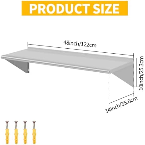 14" D x 48" W Stainless Steel Wall Mounted Shelves, Floating Shelving with Brackets, Commercial Shelf Perfect for Restau