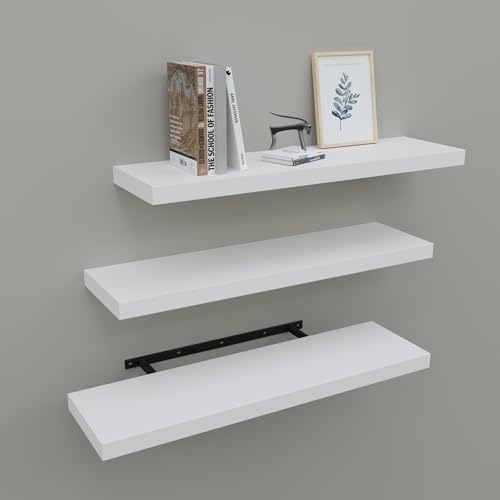 Upassion Floating Shelves for Wall Set of 3, 24" White Wall Shelves for Home Decor, Frame Display White Floating Shelf f