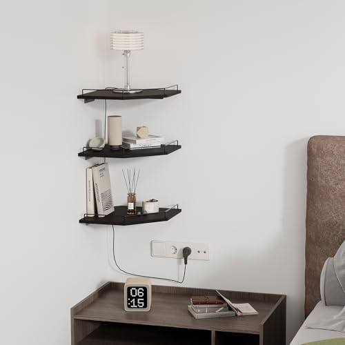 JJL Corner Shelf with Rails, 3-Tier Hexagon Floating Corner Shelf Wall Mounted, 12 Inch Black Rustic Wood Heavy Duty Wal