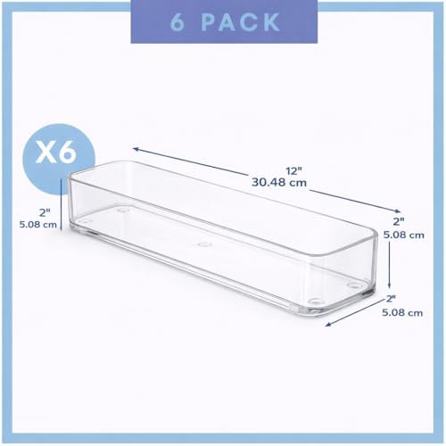 primebox Plastic Clear Acrylic Drawer Organizers. Bathroom, Kitchen, Bedroom, Utensils, Office Organizer Bins, Storage Trays. Heavy Duty, Stackable. 9" x 2" x 2" Set of 6