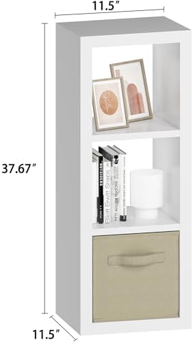 furtble 3 Cube Storage Organizer Shelf with Bins, White 3 Tier Bookcase with Fabric Storage Bins, Morden Bookshelf for B