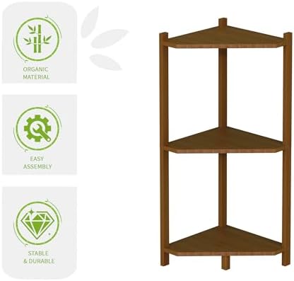 Wisuce Bamboo Small Corner Shelf Stand, 3-Tier Brown Corner Bookshelf