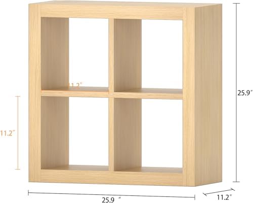 furtble Bookshelf with Storage Bin, 4-Cube Storage Organizer, Modern Wood Open Bookcase, Multifunctional Display Shelf f