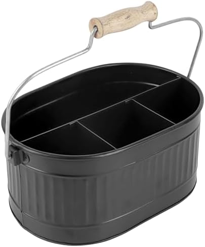 4 Compartment Metal Flatware Caddy Wooden Handle Rustic Utensil Organizer