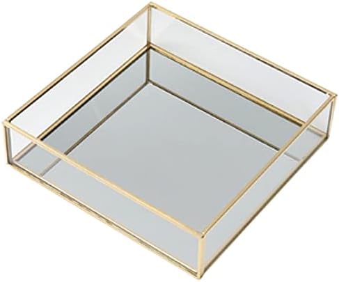 Square Vintage Gold Mirror Glass Vanity Tray,Ornate Geometric and Brass Plated Display Storage Organizer for Makeup Brus