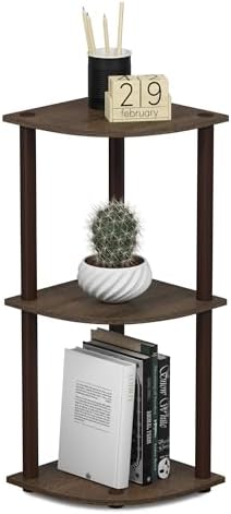 Furinno Turn-N-Tube Toolless Assembly 3-Tier Corner Shelf, Black Corner Book Shelf, Open Shelves Bookshelf, for Organiza