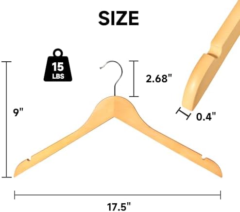Wooden Top Hangers with 360° Swivel Hook, Natural Wood, 36-Pack
