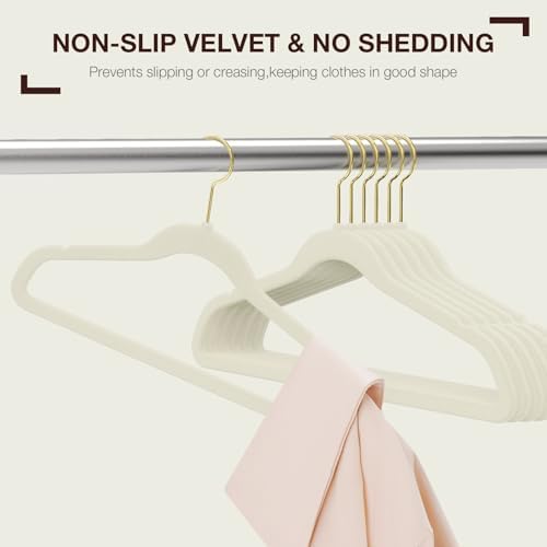 Korpai 50 Pack Beige Velvet Hangers,Felt Hangers with Gold 360°Swivel Hook,Coat Hanger Non Slip,Heavy-Duty,Space Saving,Slim Clothes Hangers for Pants,Outfit,Skirts,Suits,Coats,Dresses ect.