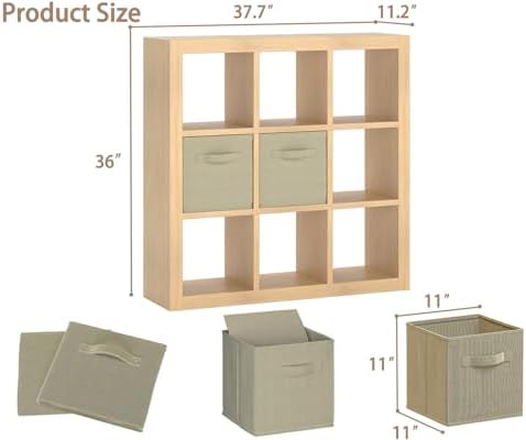 Bookshelf with Storage Bins, 9-Cube Storage Organizer Sturdy Wooden Bookcase Open Book Shelf, Multifunctional Cubicle Ra