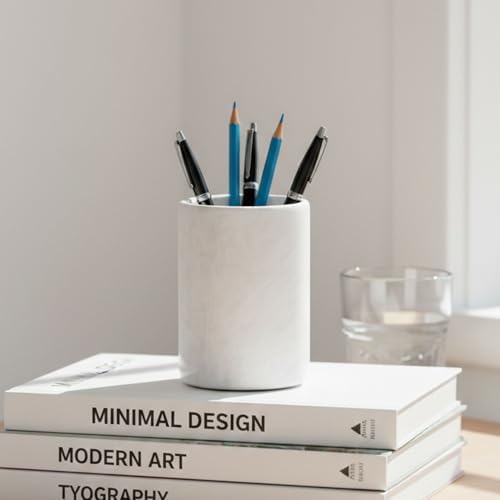 Radicaln Marble Pen Holder For Desk 4" Inches White Handmade Marker & Pen Holder for Desk Organizer, Ideal Marble Toothbrush Holder & Pencil Holder For Home Decor