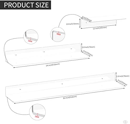 Sezanrpt Acrylic Wall Shelves 36 24 12 Inches, Clear Floating Shelf for Wall, Wall Mounted Display Shelves for Plants, Radio, Funko Pop, Stuffed Animal, Books, Clock, Cosmetics, Toiletries