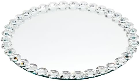 Okuna Outpost Crystal Bead Round Mirror Tray for Bathroom Decor - 12-inch, Silver, Modern - Perfume Organizer & Jewelry 
