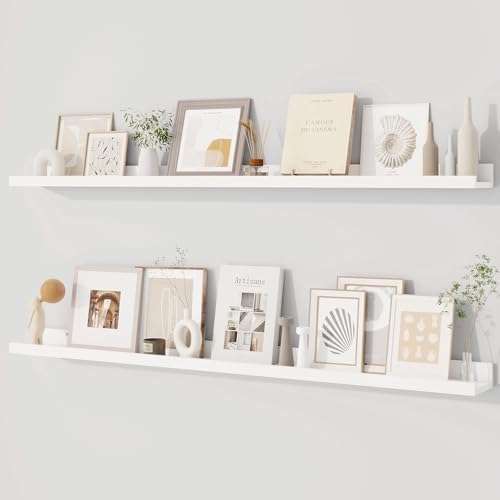 Dreamland Picture Ledge Shelf for Wall, Floating Shelves Set of 2, 48 Inch Long Floating Shelves with Lip for Living Room, Bedroom, Bathroom, Kitchen, White