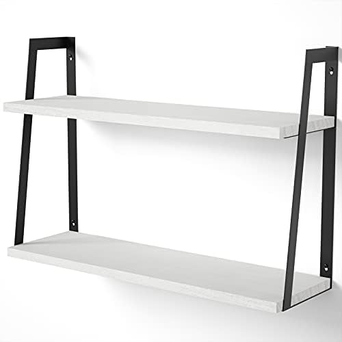 SRIWATANA White 2-Tier Floating Wall Shelves, Rustic Wood Storage Shelf Set