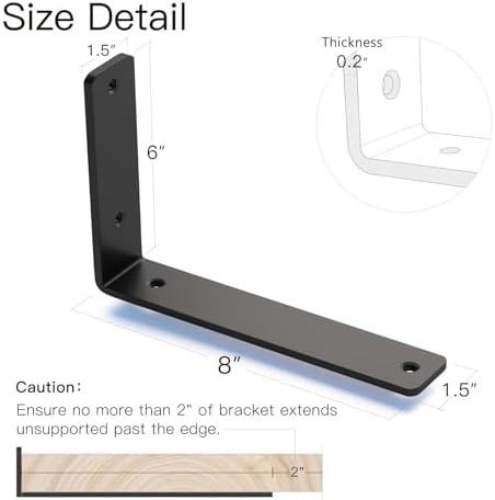 6 Pack 8 Inch Floating L Shelf Brackets for DIY, 1/5 Inch Thick, Black