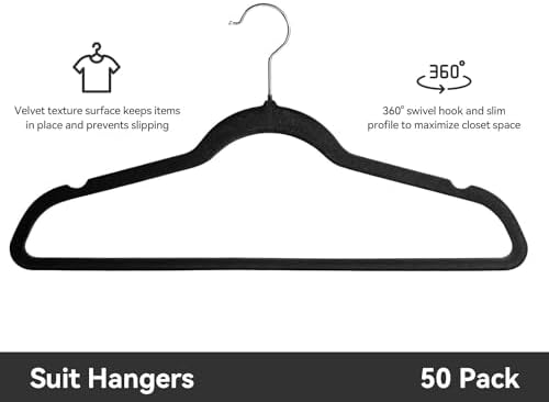 Premium Velvet Hangers 50 Pack, Non-Slip Suit Clothes Hangers, 360 Degree Swivel Hooks and Slim Profile to Maximize Closet Space Black/Silver