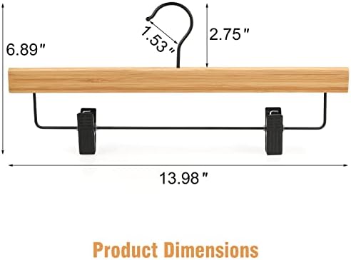TOPIA HANGER Pants Hangers 10 Pack, Bamboo Clothes Hangers with Black Clips and Rotatable Hook, Durable Natural Wooden Hangers for Skirts, Pants, Jeans, Shorts - CTS04