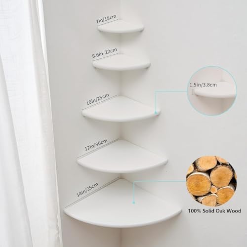 Corner Shelf, Solid Oak Wood Floating Corner Shelf Wall Mount Round End Floating Speaker Shelves with Wire Hole for Smal