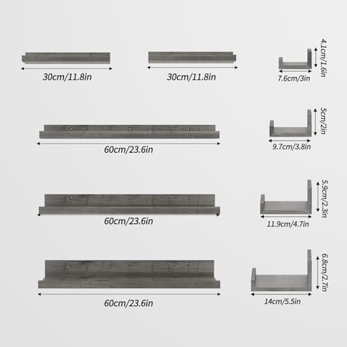 Lyeasw Rustic Grey Floating Shelves for Wall 24 Inch Long, Set of 5 Tiered-Depth Wall Shelves, Picture Ledge Shelf for L