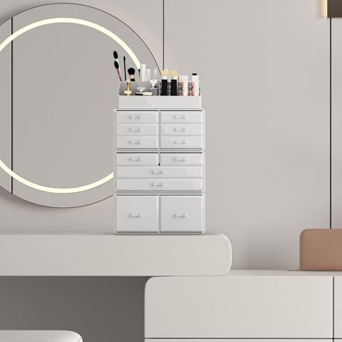 Readaeer Makeup Cosmetic Organizer Storage Drawers Display Boxes Case with 12 Drawers (White)