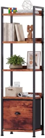 OLIXIS 5 Tier Bookshelf with Fabric Drawer, Tall Narrow Bookcase with Shelf